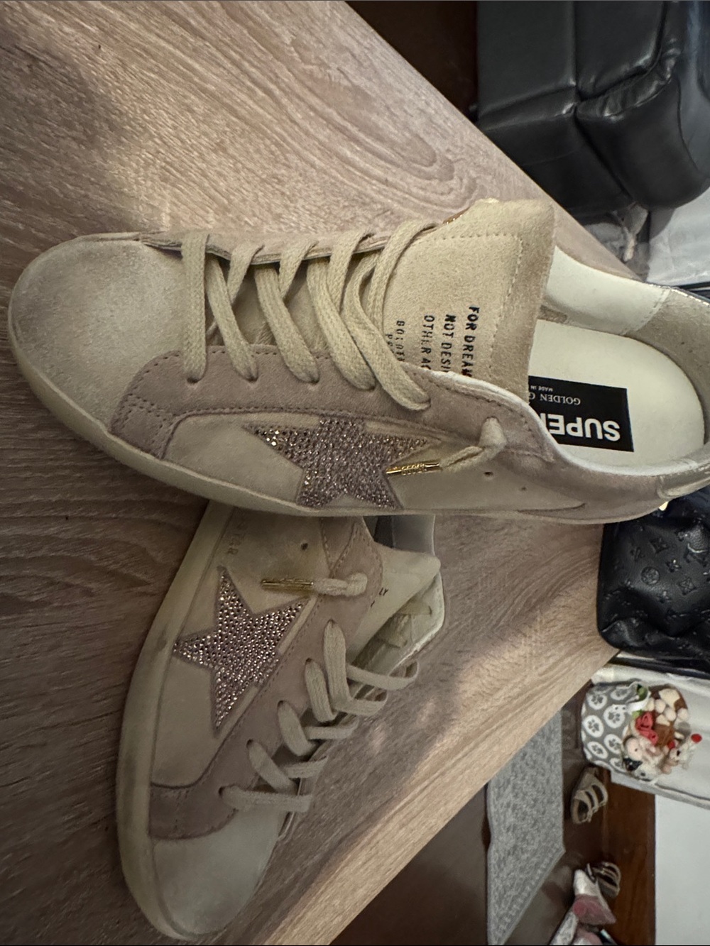 Golden Goose Beige Suede Sneakers with Rose Gold Glitter Star